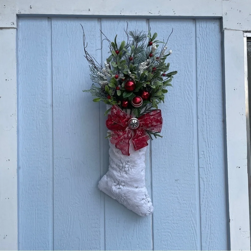 Handmade Christmas holiday door hanger stocking Wreath